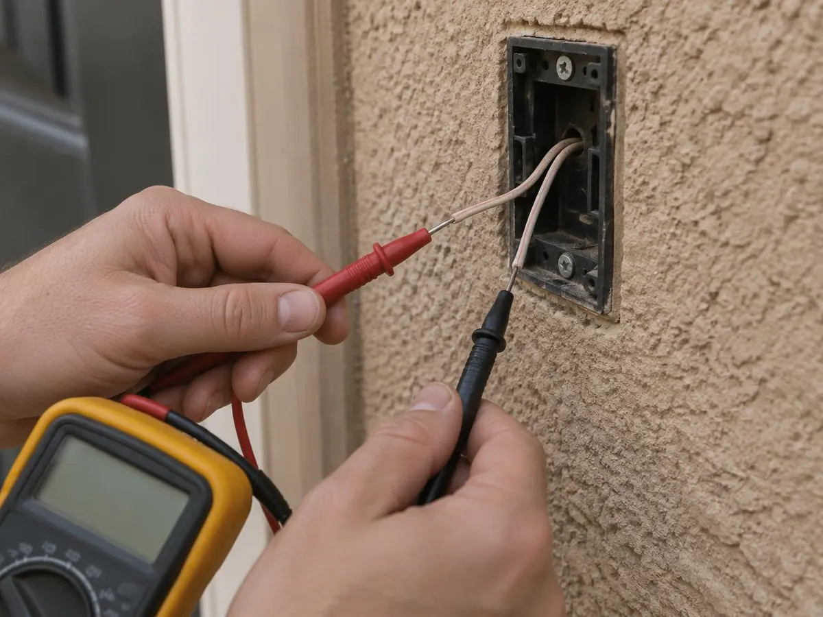 Multimeter probes testing low-voltage doorbell wires