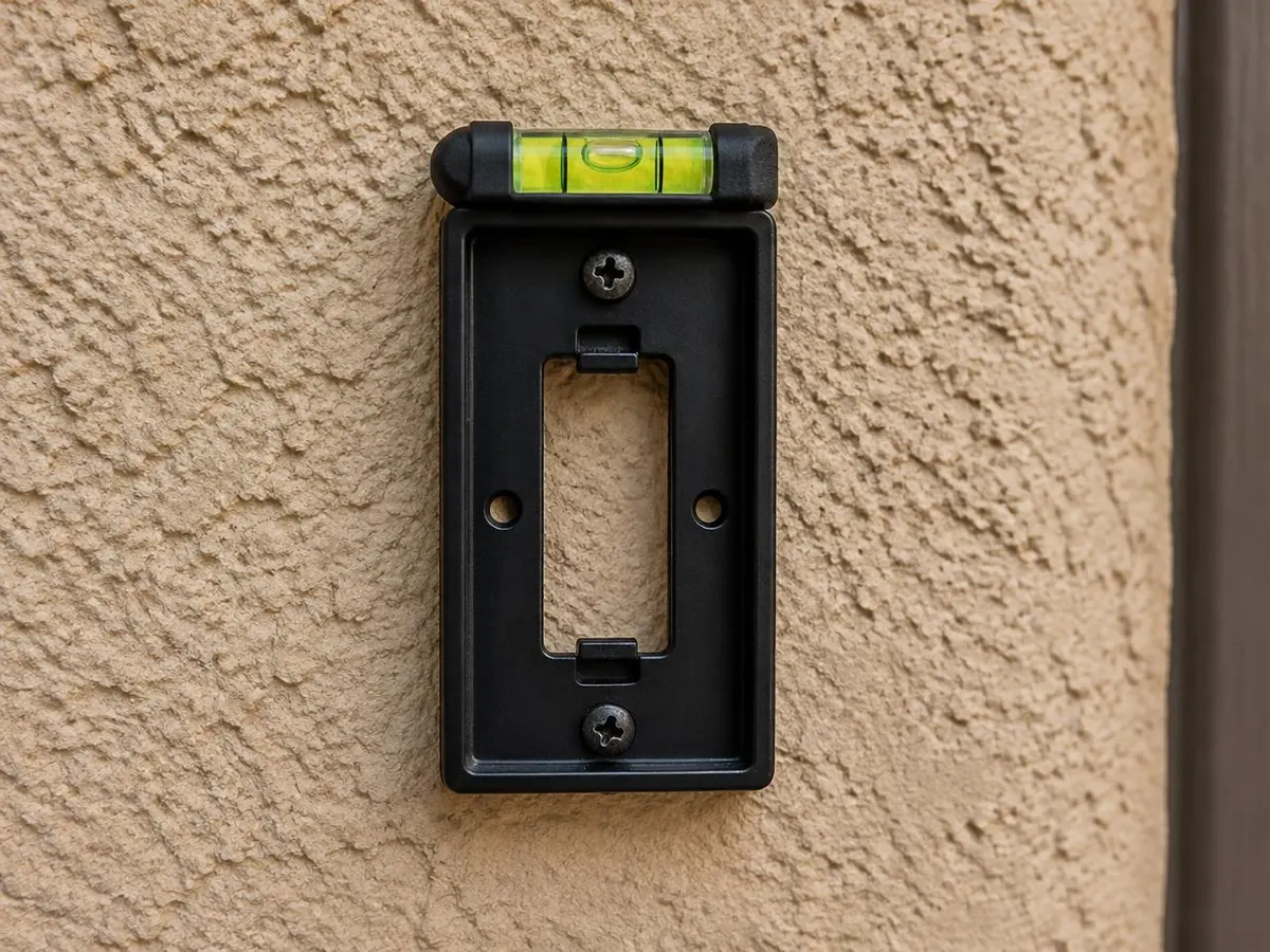 A small level resting on a doorbell mounting bracket