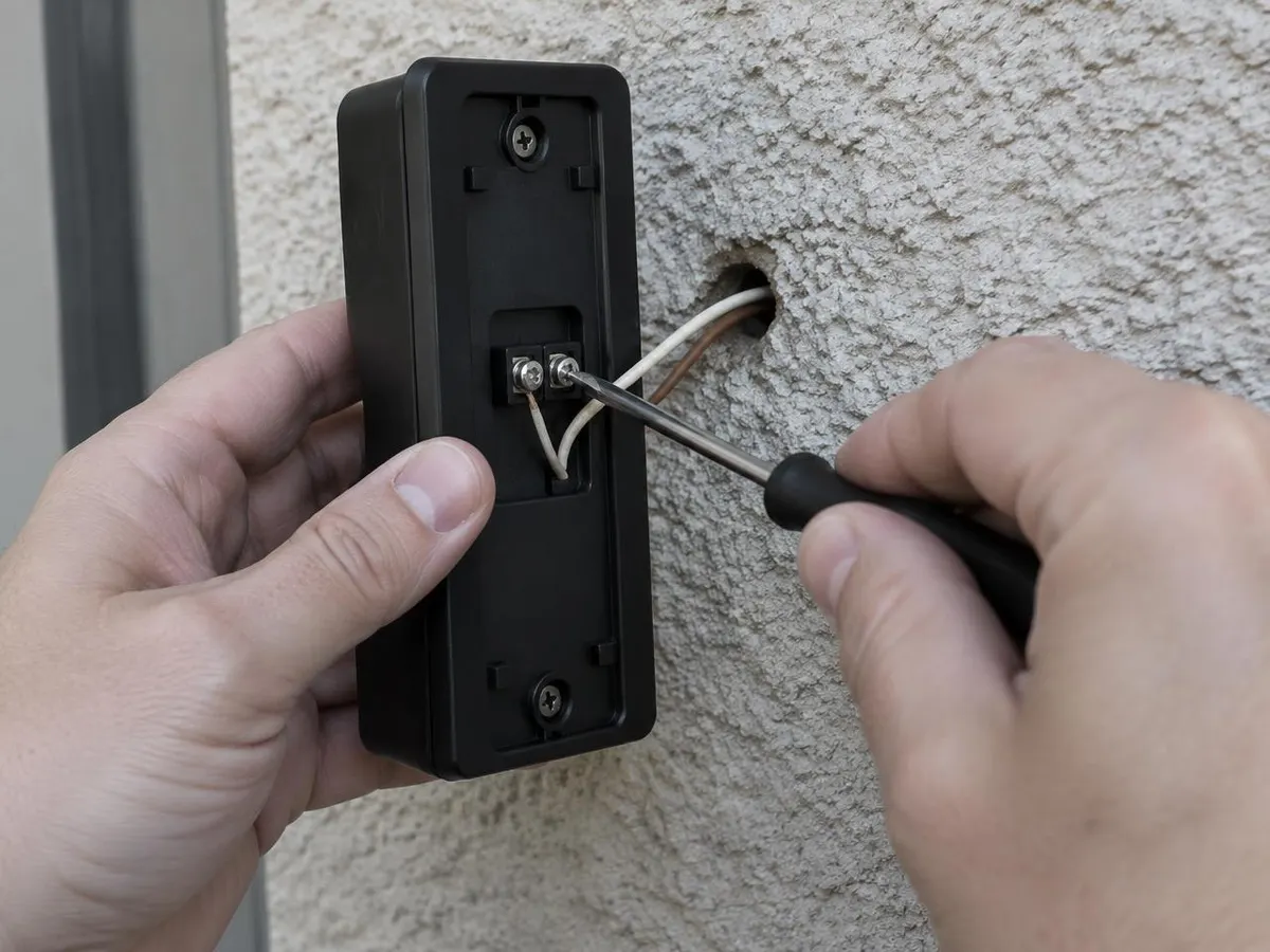 Hands connecting doorbell wires to terminal screws
