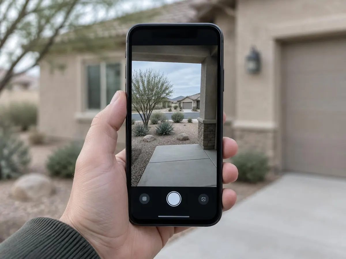 A phone showing a live front-porch camera view