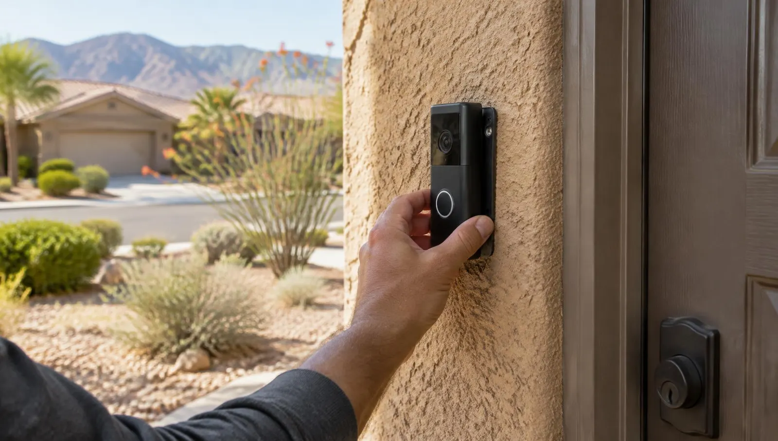 A hand mounting a black video doorbell beside a front door on a stucco wall