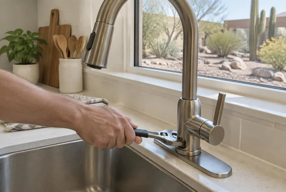 A hand tightening a kitchen faucet